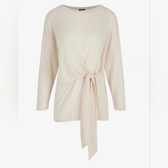 Express NWT Cream Skimming Tie Front Long Sleeve Crew Neck Top Small - Picture 6 of 8